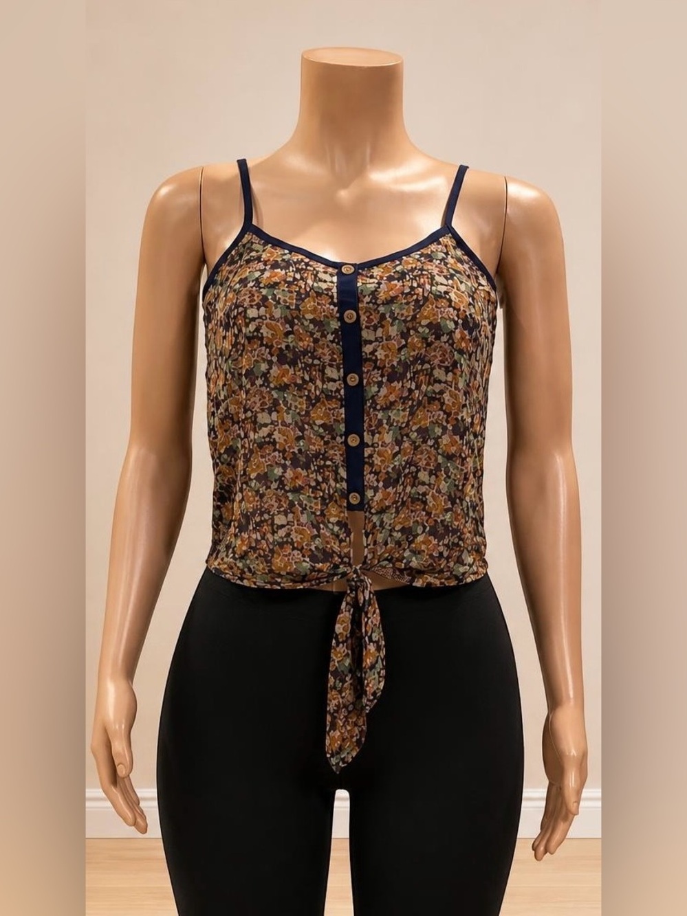 Wet Seal 2000s Blue Floral Sheer Knot Front Tank Top XS Vintage
